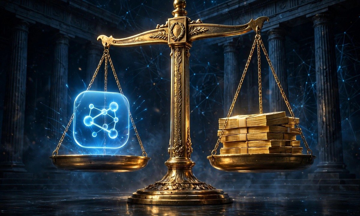 Golden scales of justice weighing a glowing social-network icon against stacks of dollar bills, symbolizing the $25 billion New Mexico court penalty against Meta.