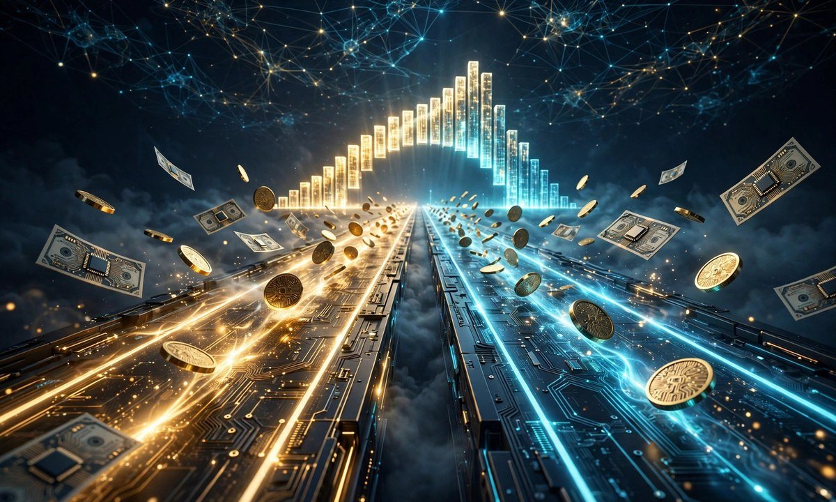 3D illustration of two glowing racing lanes and rising bar charts representing OpenAI and Anthropic racing for funding