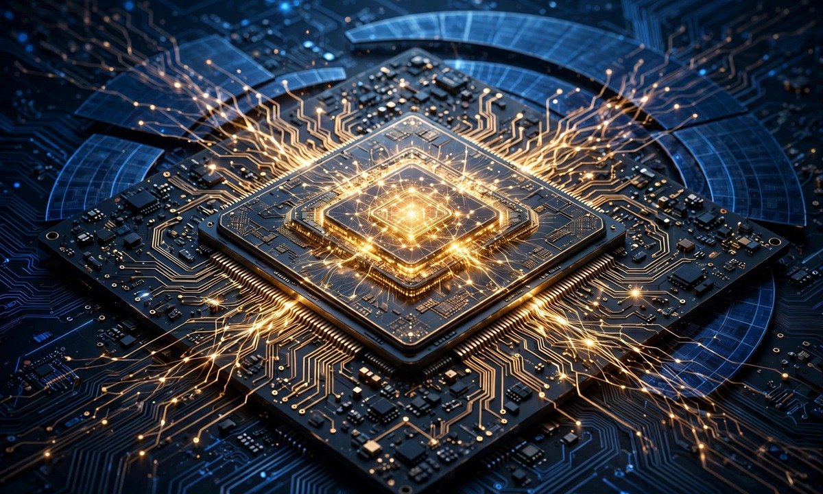 3D render of a glowing AI processor chip on a circuit board